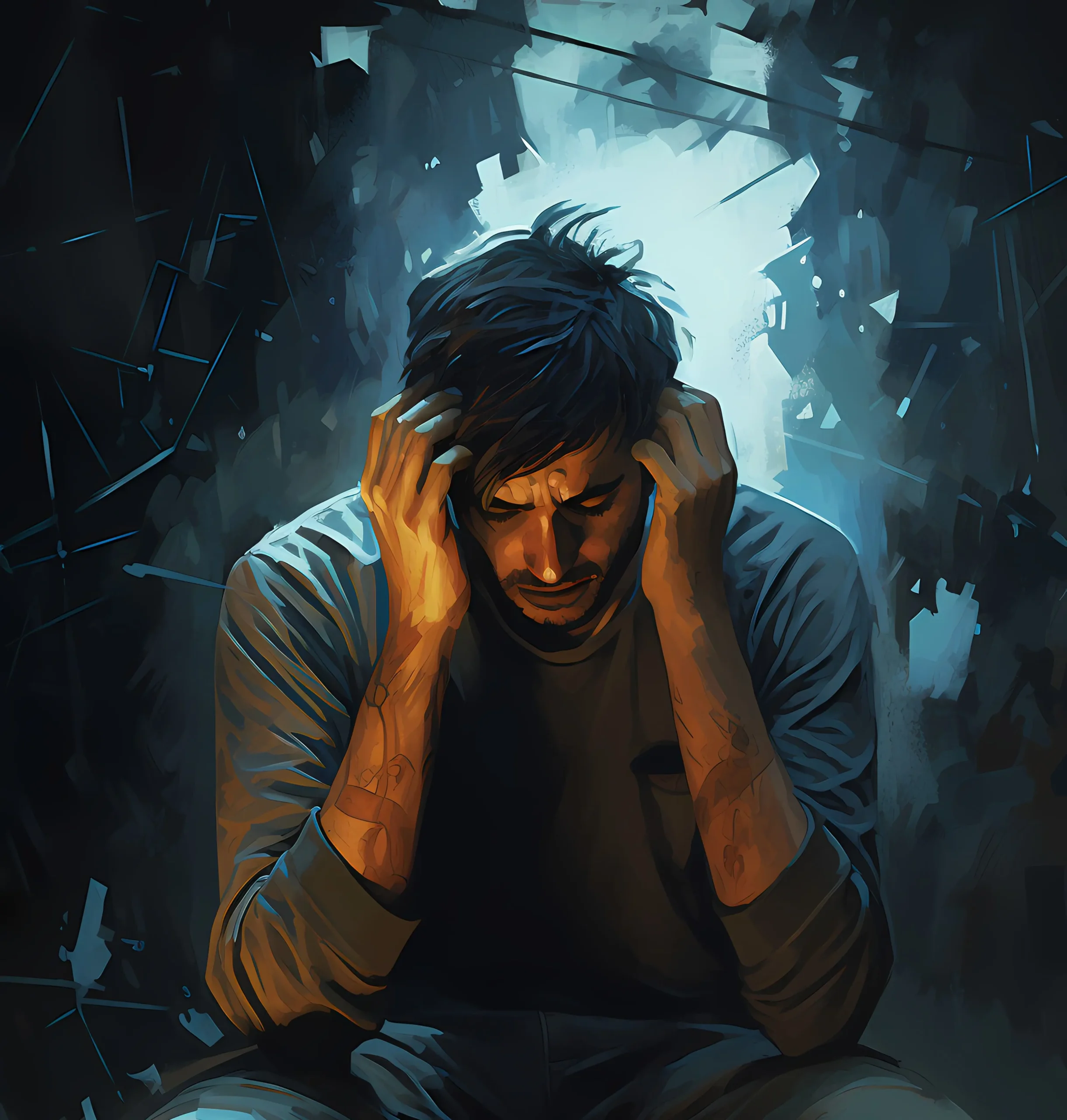 Leader sitting alone, visibly stressed, holding back emotions