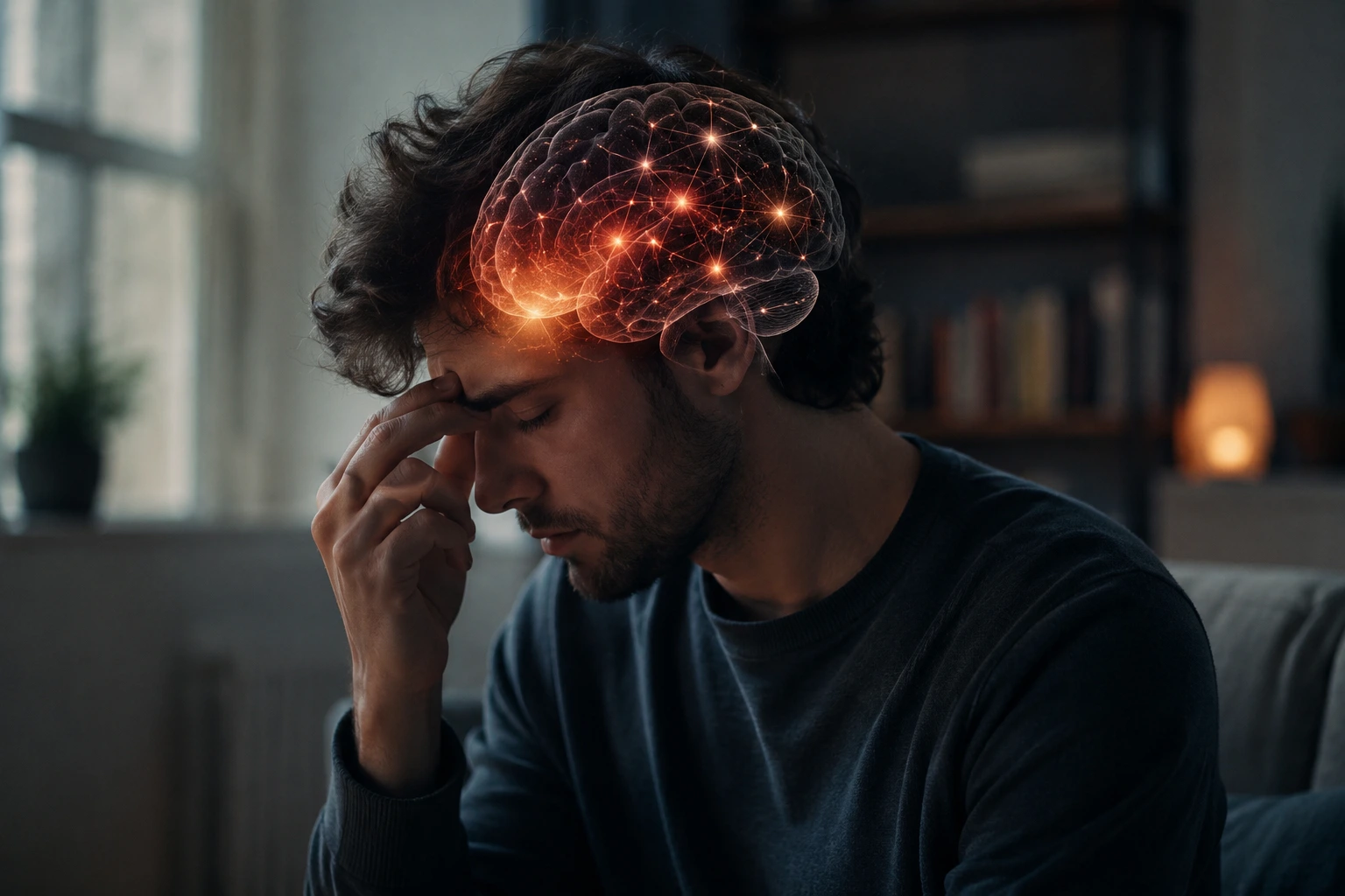 Trader under mental stress during a financial drawdown with glowing brain overlay.