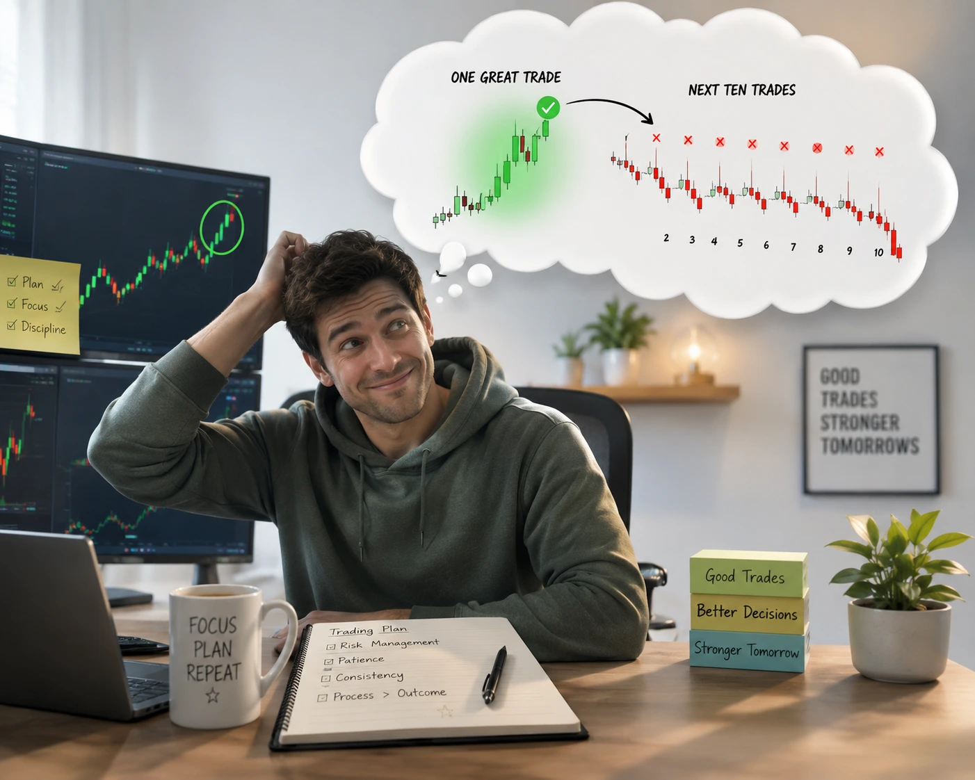 Trader reflecting on how one successful trade can lead to overconfidence and poor decisions in the next series of trades.