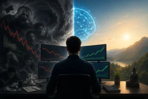 Trader using a mental performance system to manage emotions, maintain focus, and make disciplined decisions during market volatility.